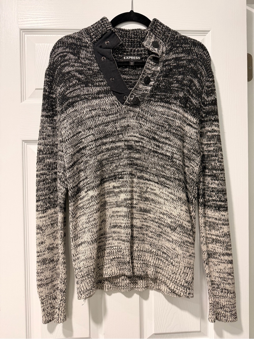 Express Black & Cream Marled V-Neck Sweater with Button Placket